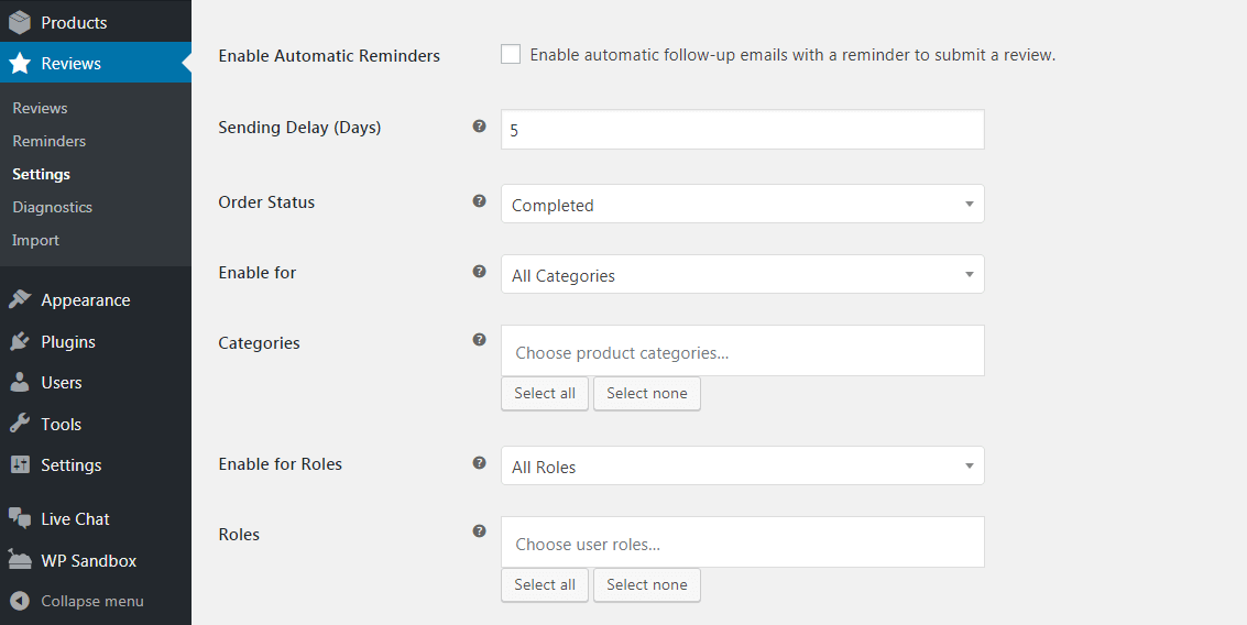 The Customer Review plugin settings.