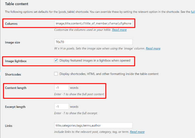 Configure columns