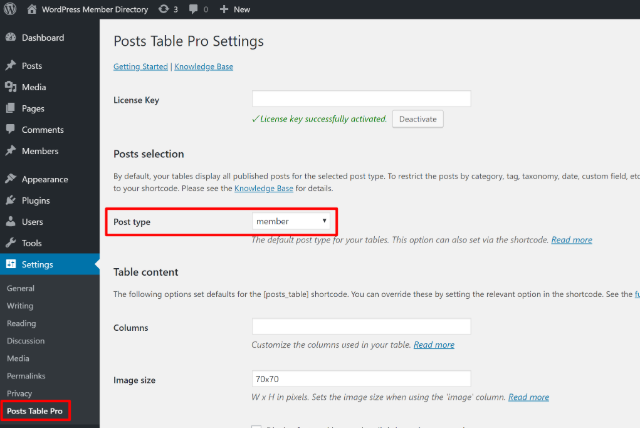 Posts Table Pro settings
