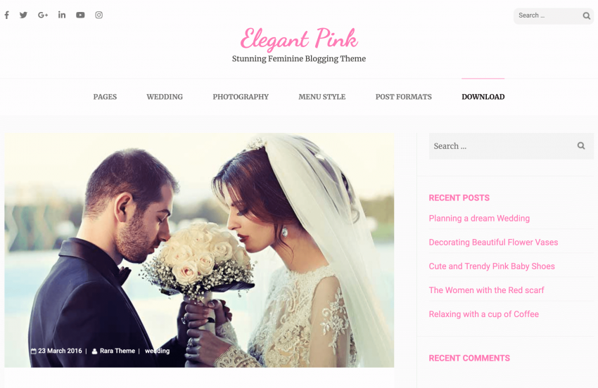 The Elegant Pink theme demo wedding page.