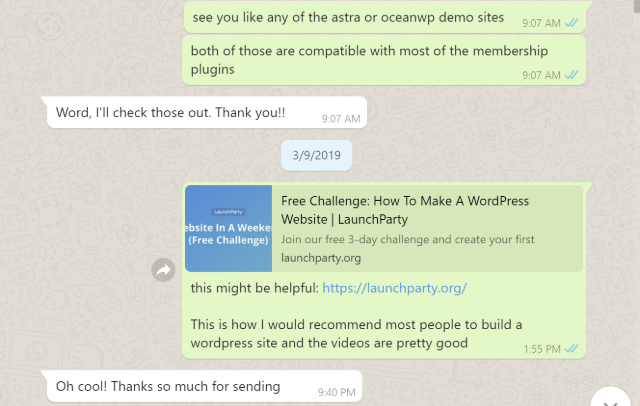 LaunchParty review on Whatsapp