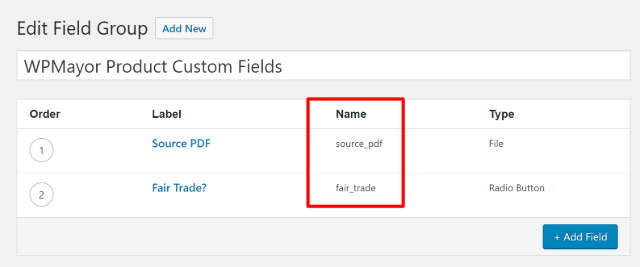 WooCommerce custom fields' names.