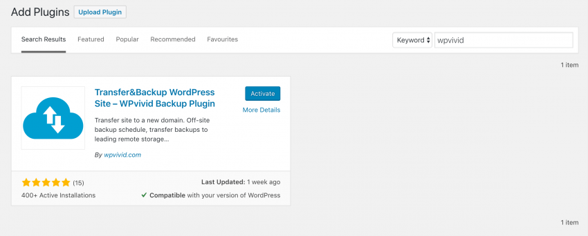 Activating the WPvivid plugin.