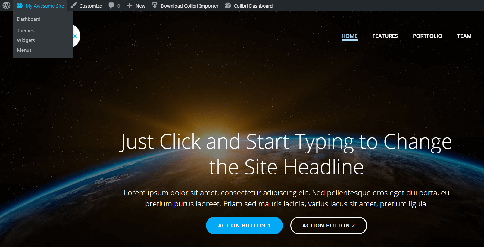 Accessing the WordPress dashboard in Colibri.
