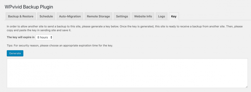Generating a migration key in WPvivid.
