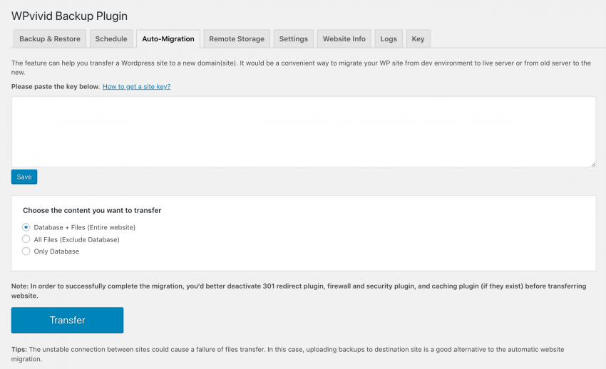 The Auto-Migration settings in WPvivid.