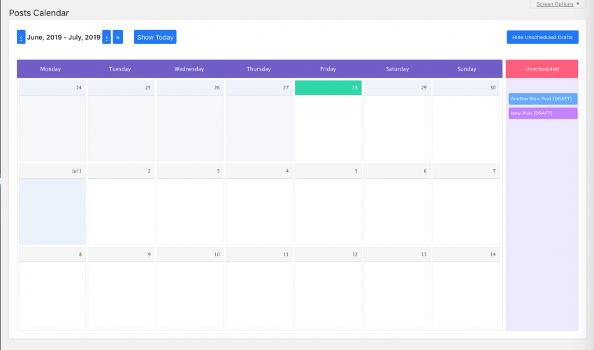 The WP Scheduled Posts editorial calendar.