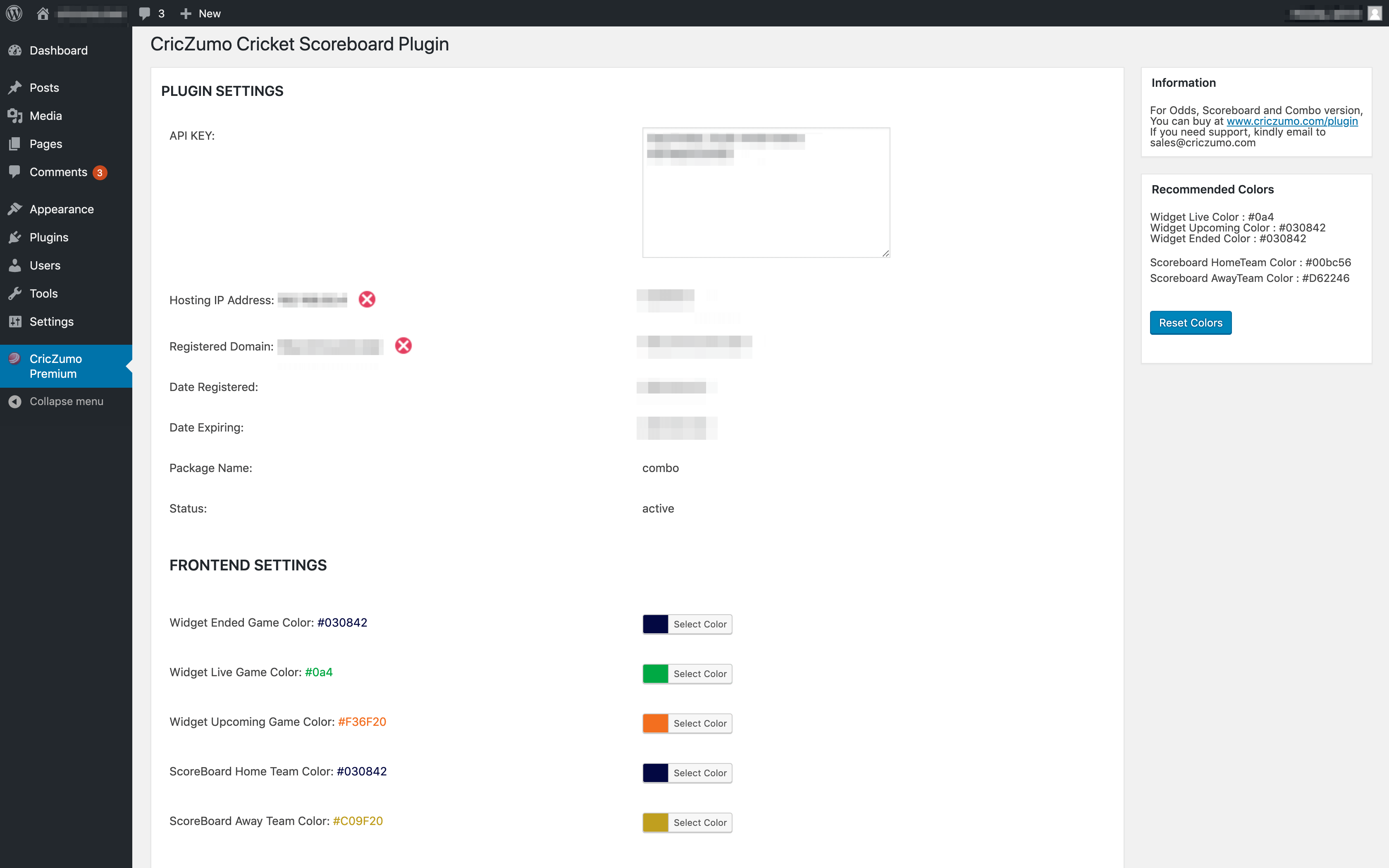 The Cric Zumo plugin's back end settings.