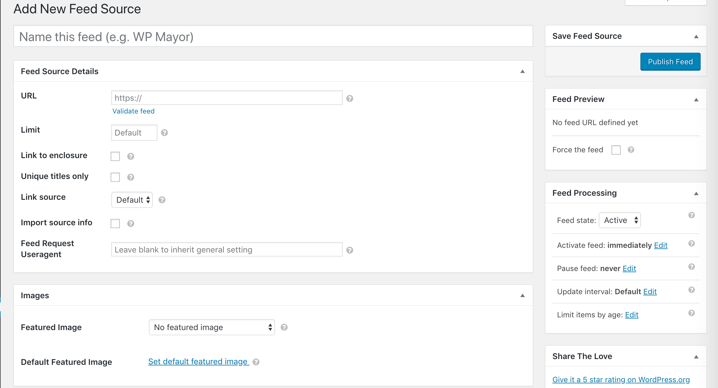 Adding a new feed source in WP RSS Aggregator.