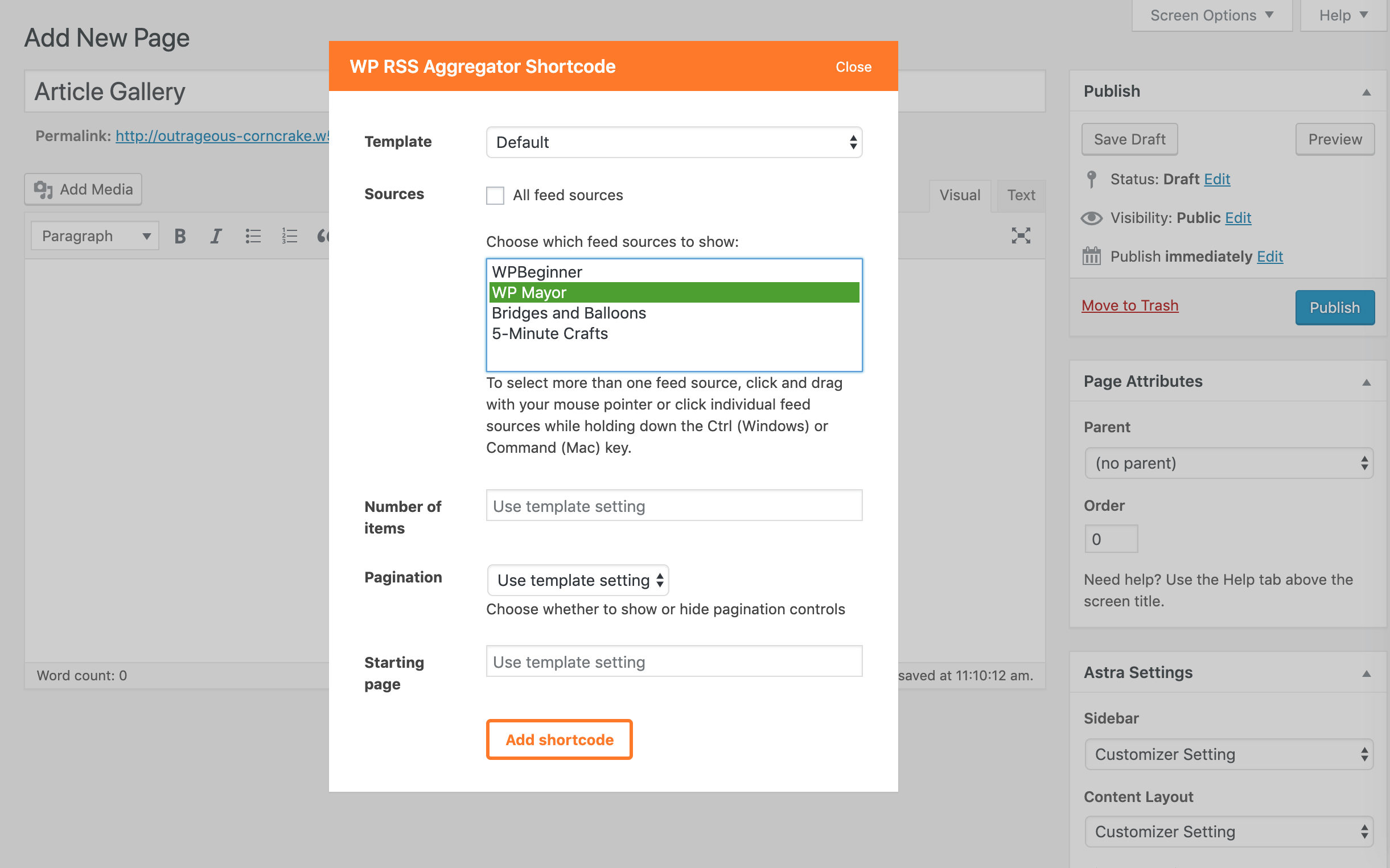 Choosing the feed source and template for the WP RSS Aggregator shortcode generator.