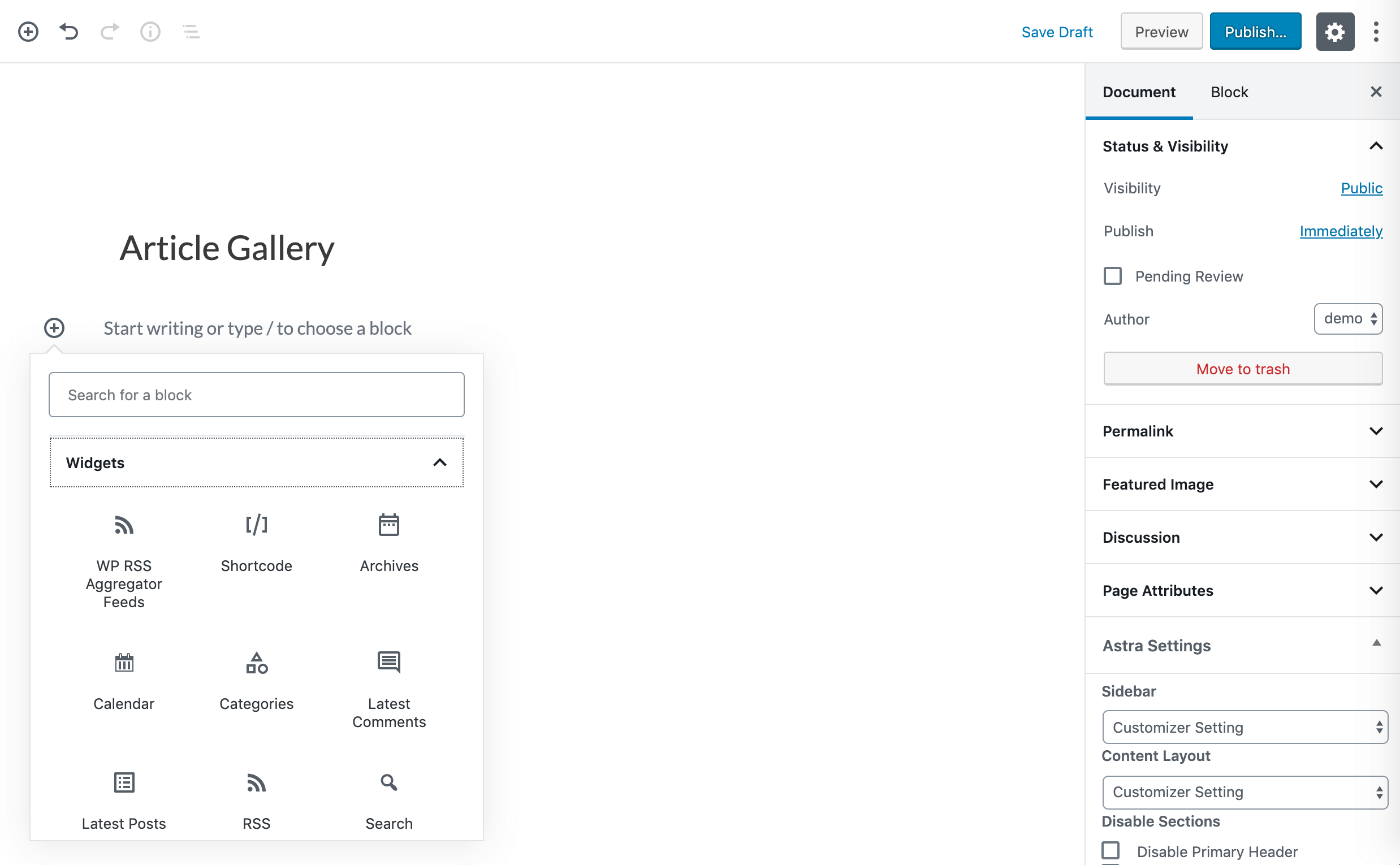 Selecting the WP RSS Aggregator block.