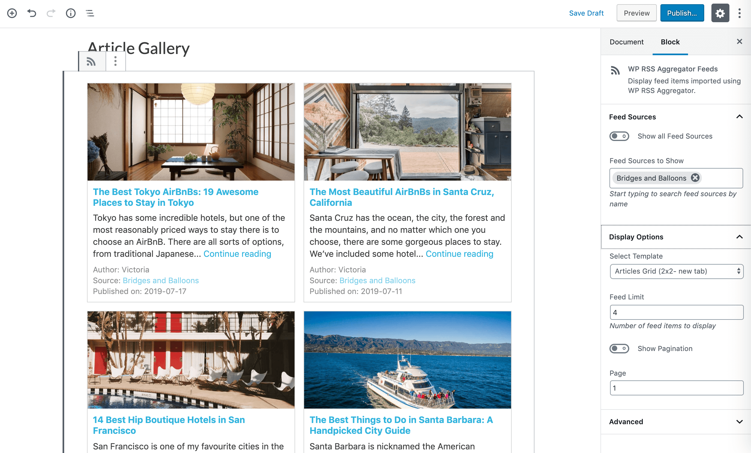 Choosing the grid template for a new article gallery.