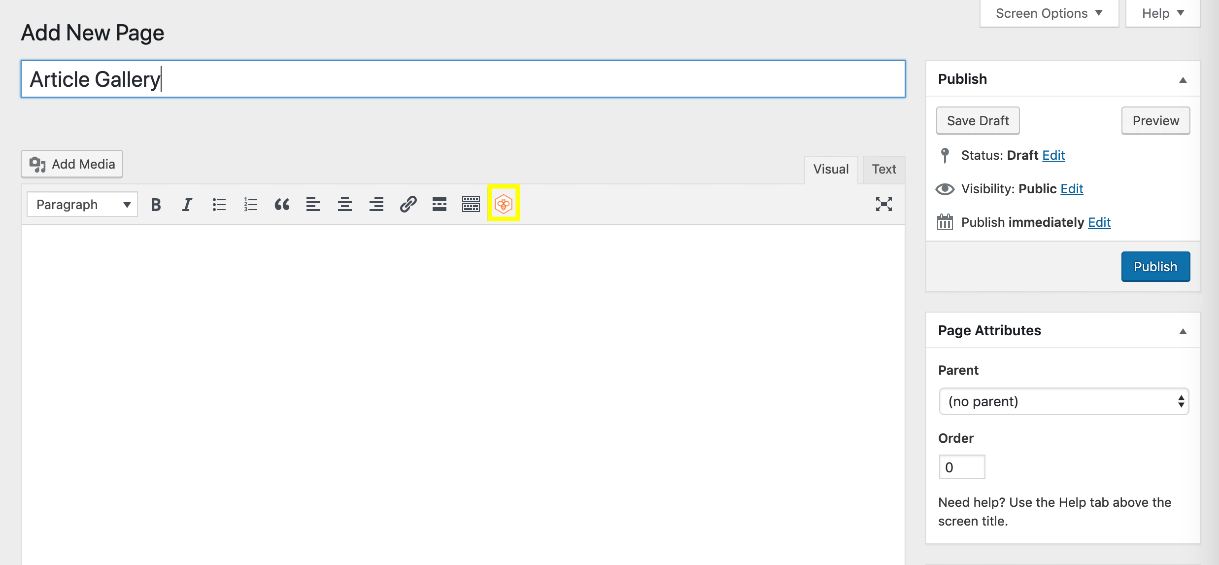 The WP RSS Aggregator icon in the Classic Editor toolbar.