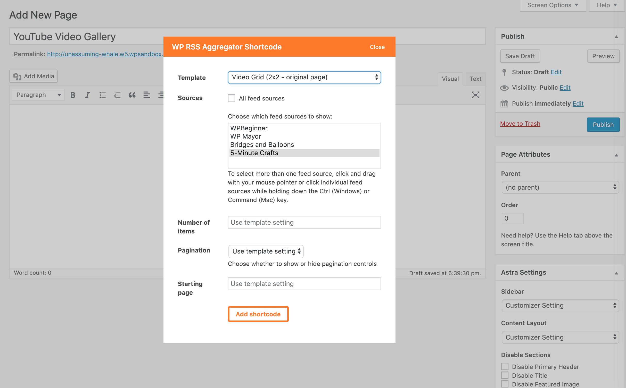 Choosing the feed source and template for the RSS feed shortcode.