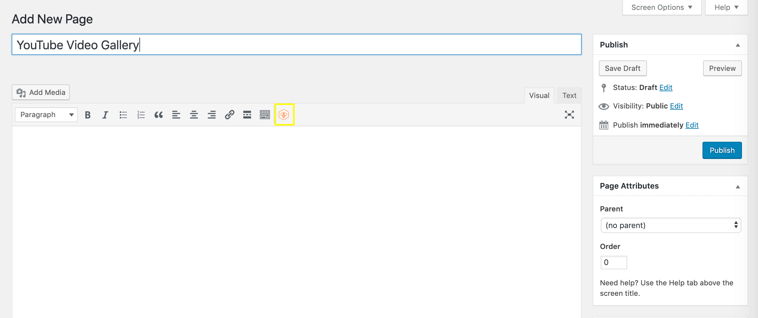 Selecting the WP RSS Aggregator icon from the Classic Editor toolbar.,