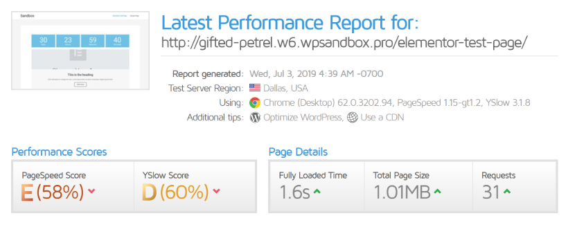 Essential addons for Elementor performance test #1