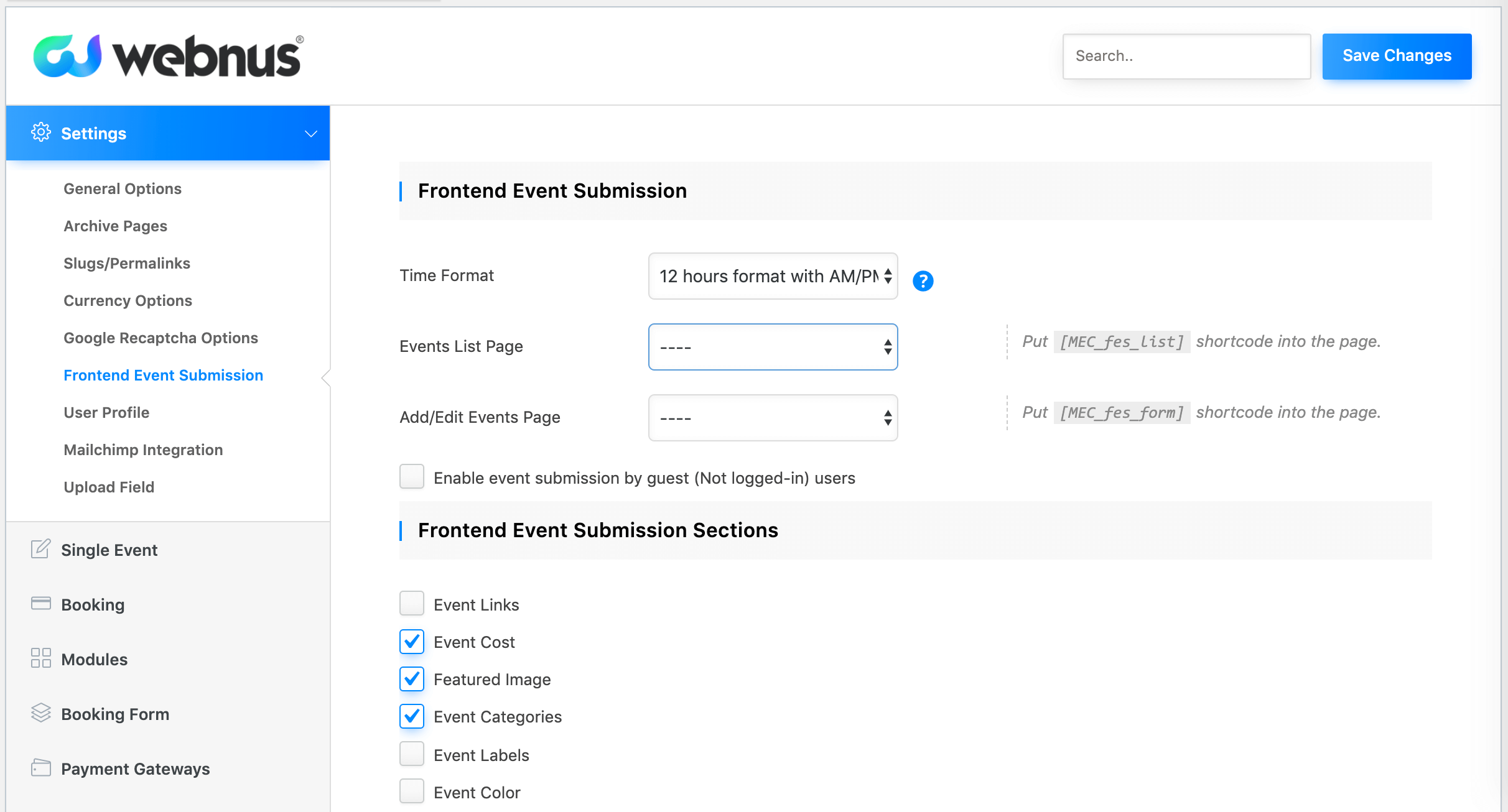 Enabling front end submissions in Modern Events Calendar.
