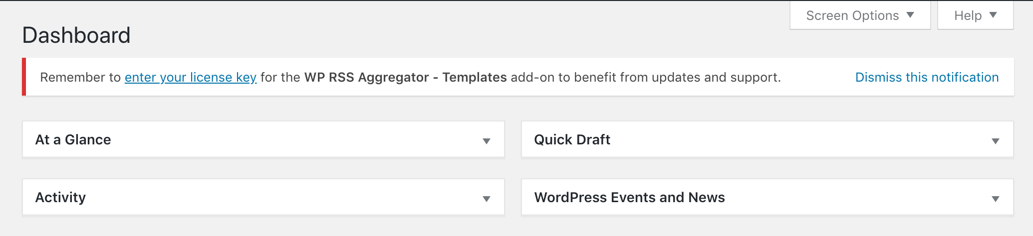 A notification from the Templates add-on to add your license key.
