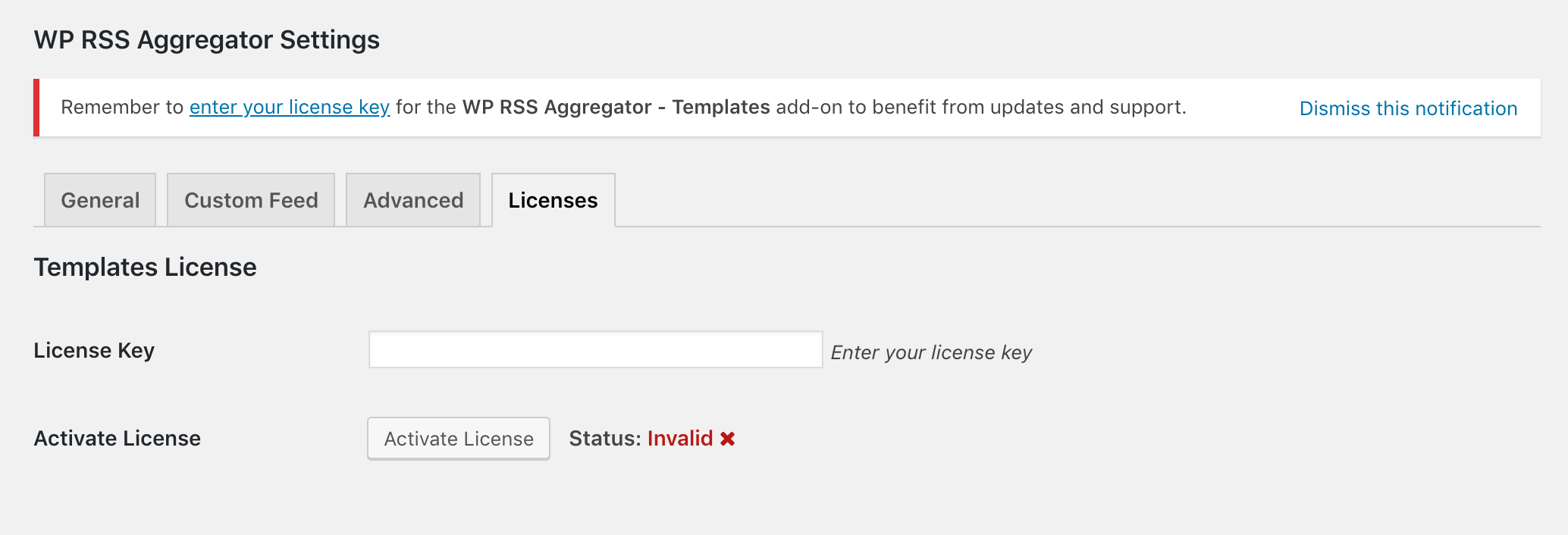 Adding the license key to WP RSS Aggregator Templates.