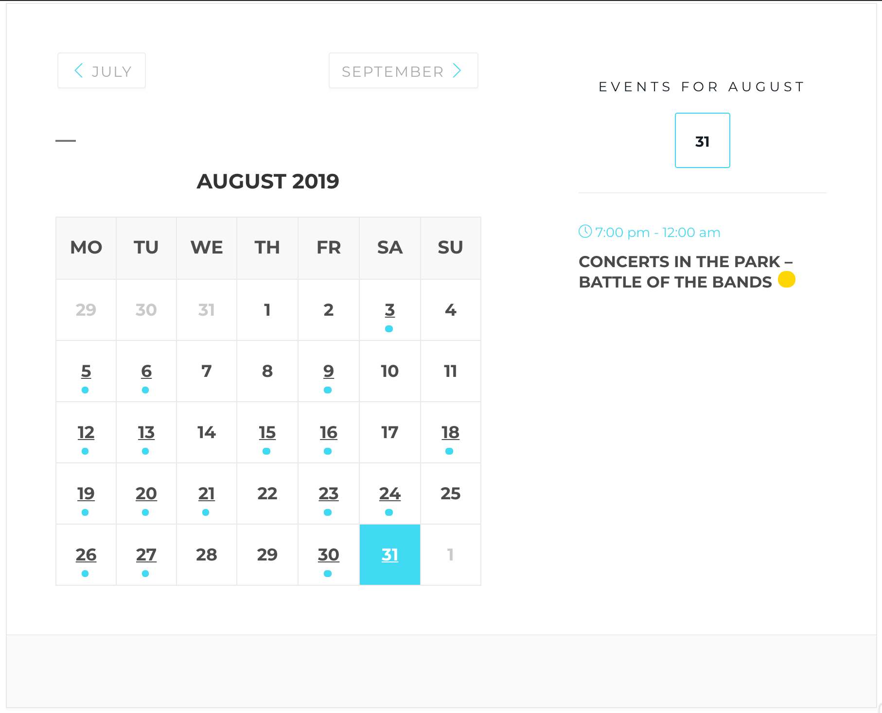 The Modern Events Calendar Calendar View Monthly skin.