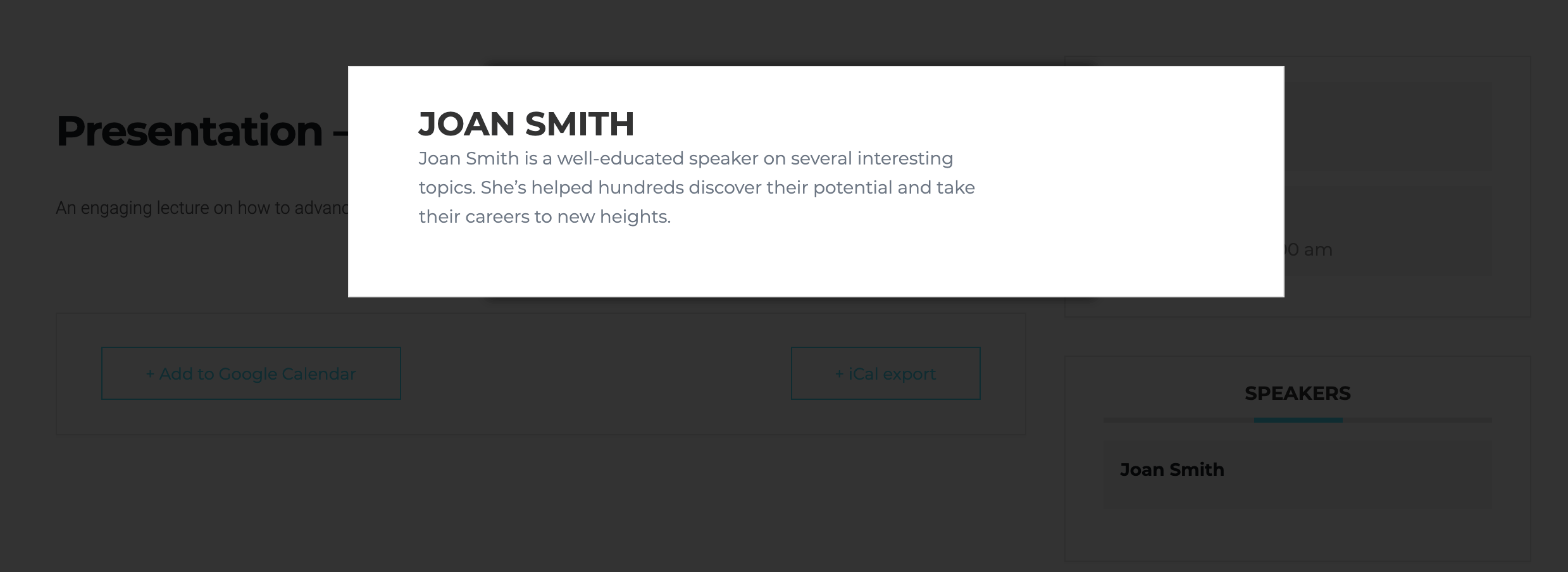 An example of a Modern Events Calendar Speaker profile.