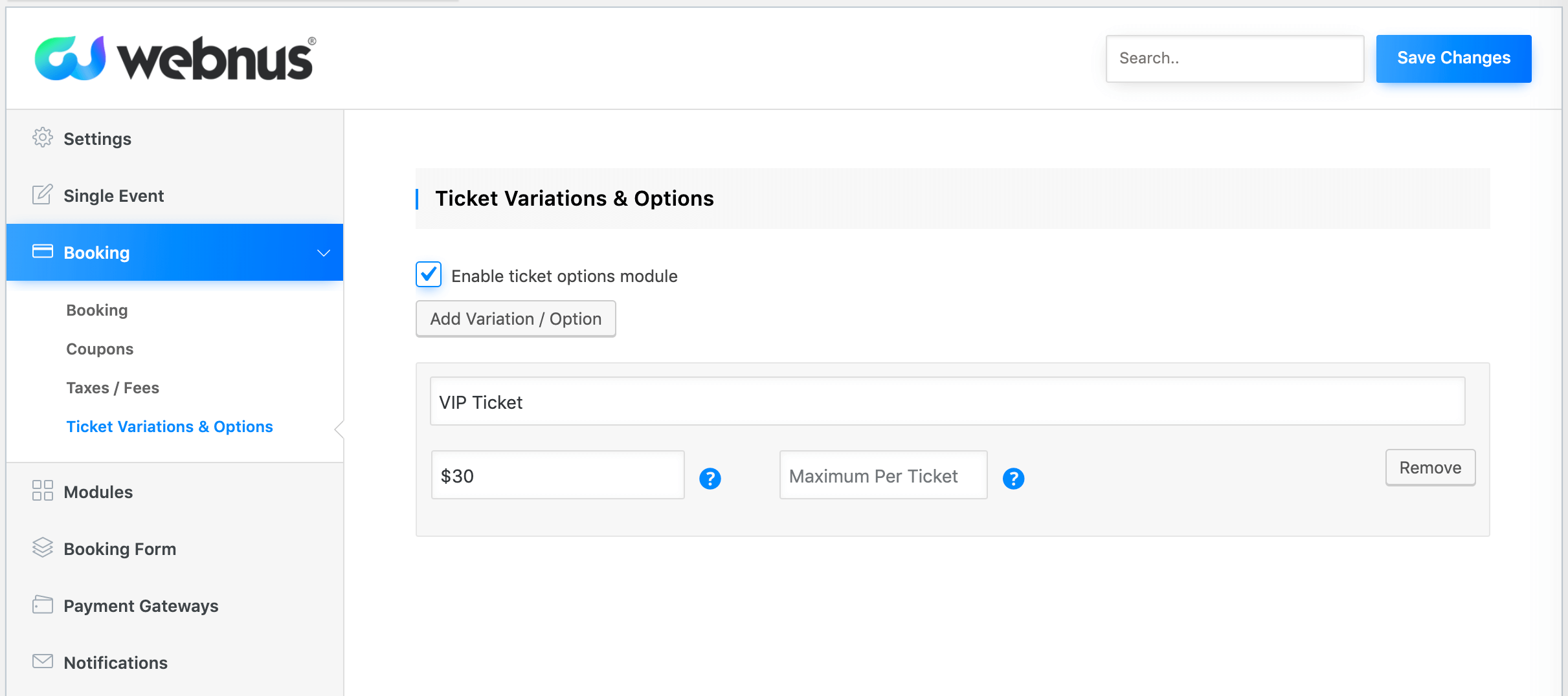 Setting up a new ticket variation in Modern Events Calendar.