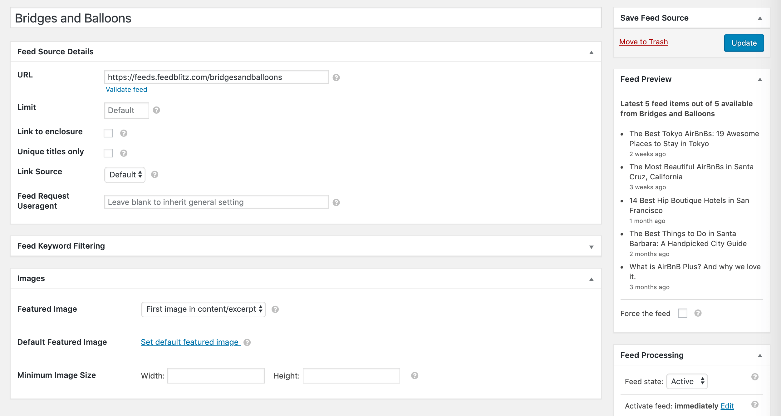 Adding a new feed source in WP RSS Aggregator.