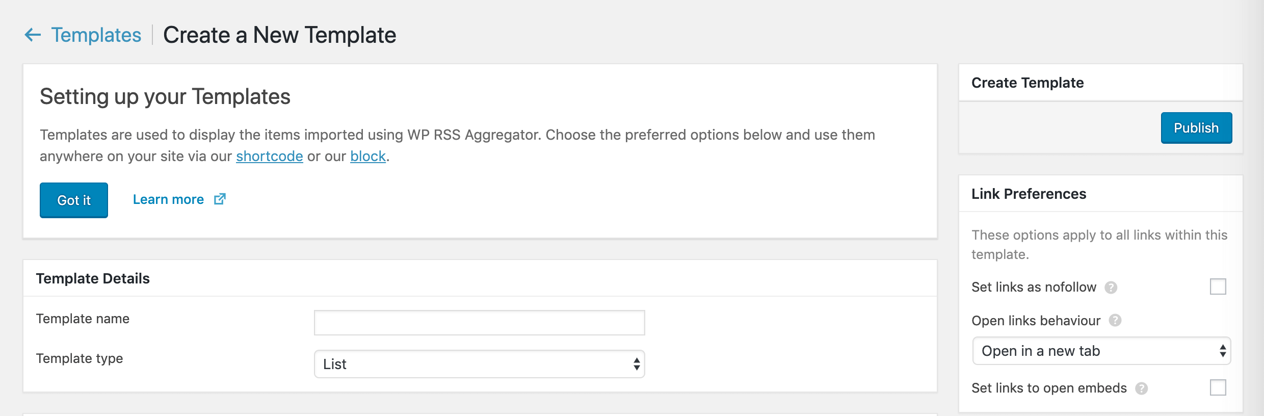 Setting up a new WP RSS Aggregator template.