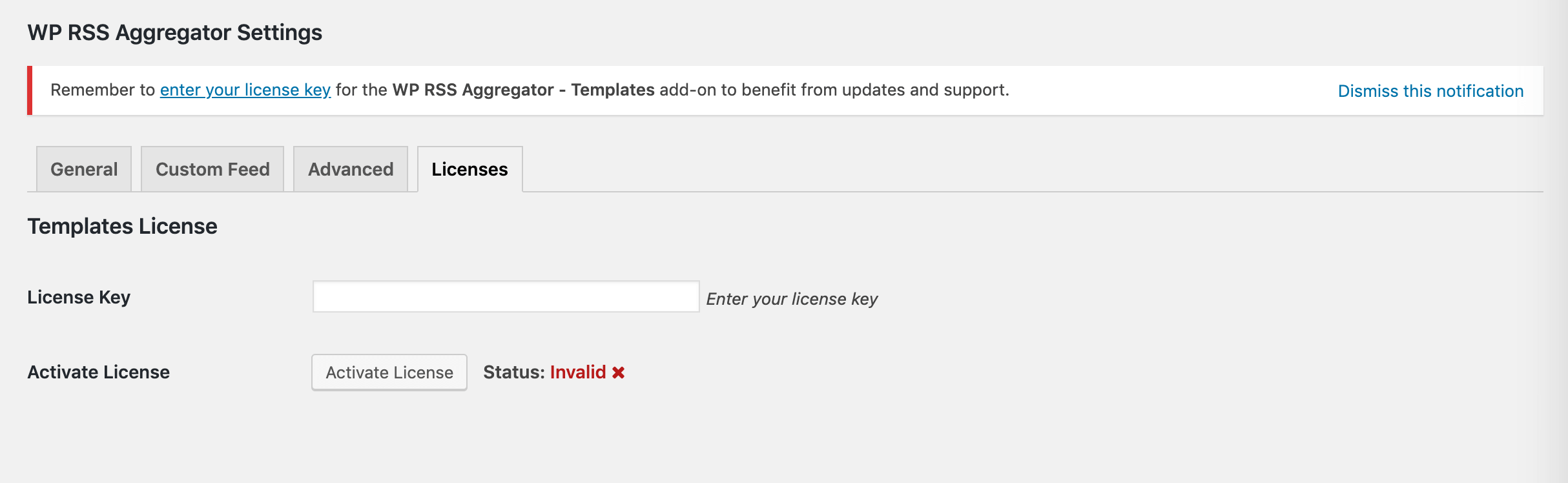 Entering the Templates license key.