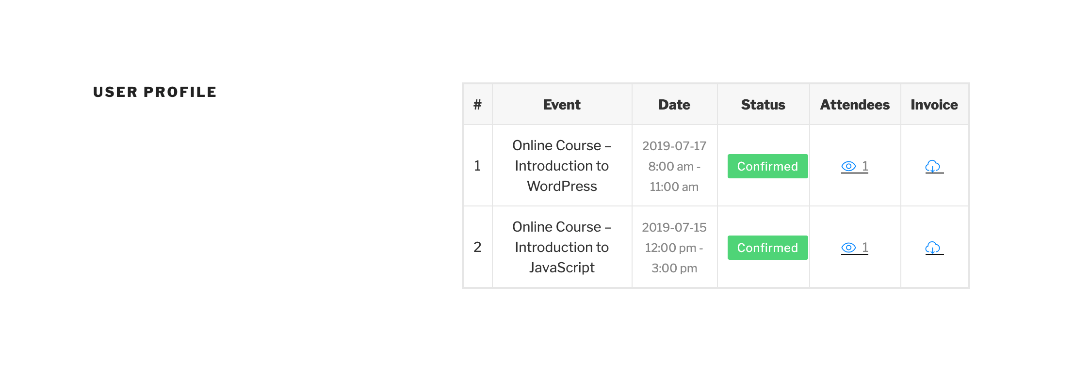 A user profile created with Modern Events Calendar.