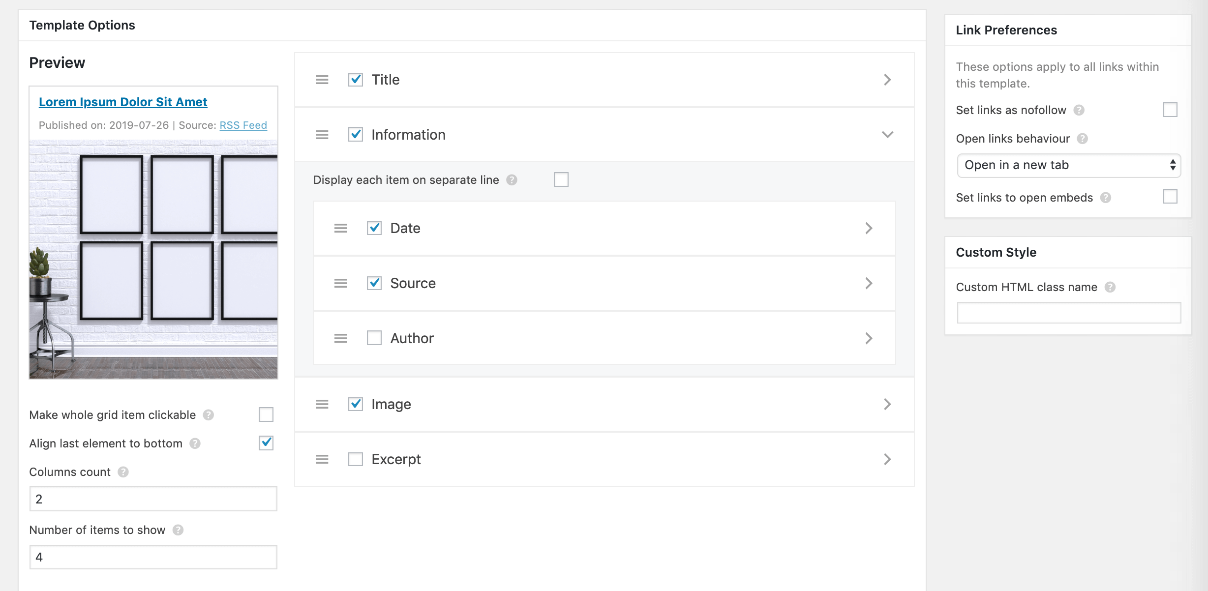 The RSS feed template options.