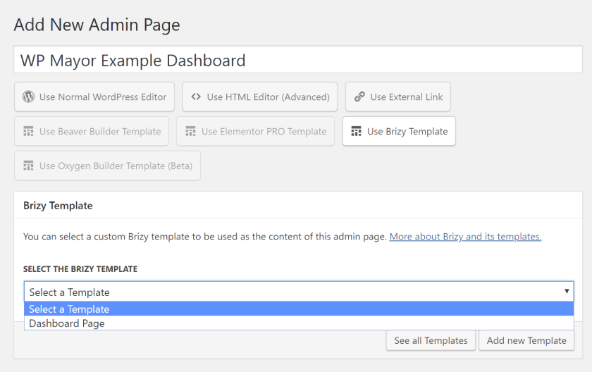 WP Admin Pages pro Brizy template
