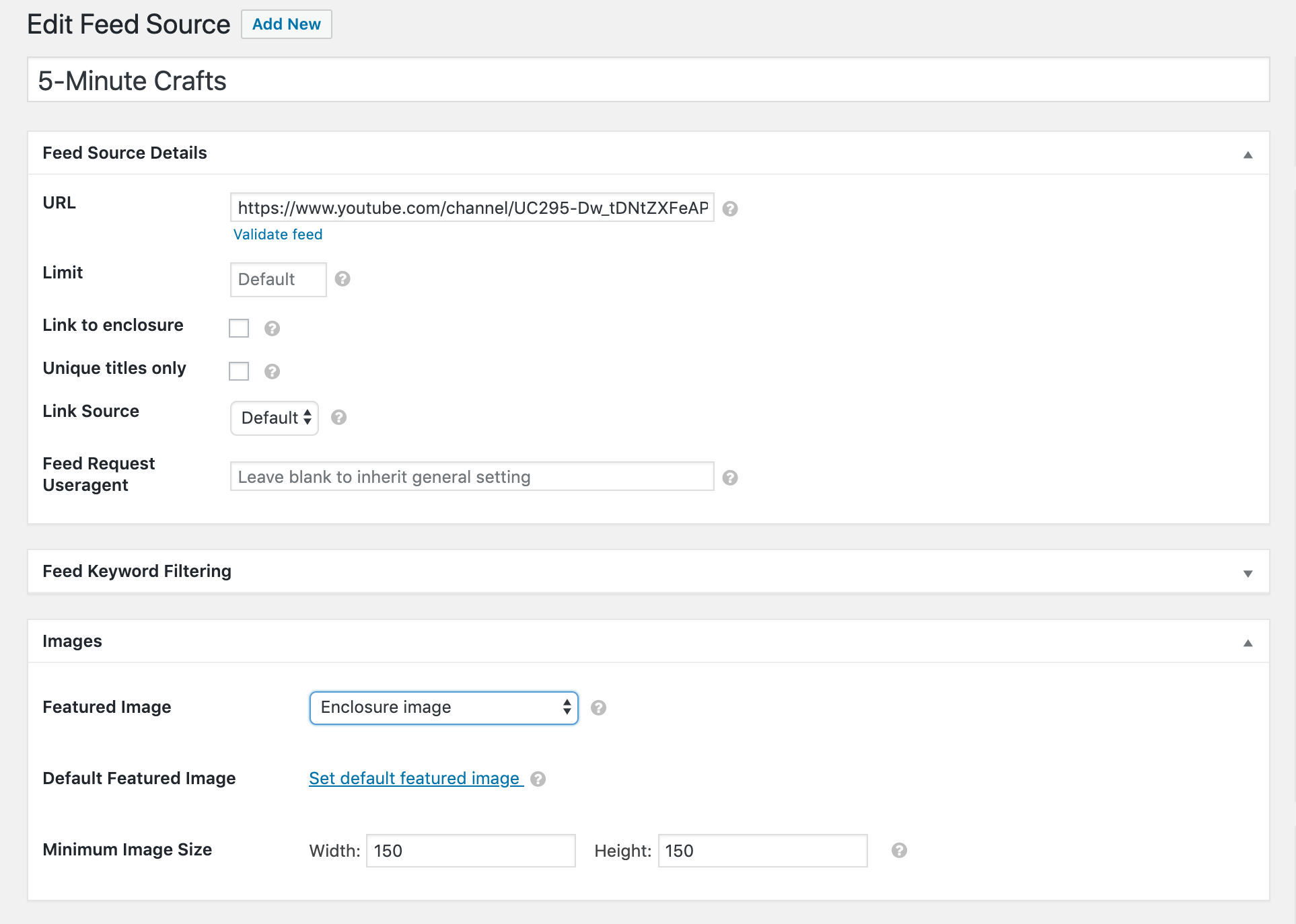 Creating a YouTube feed source.