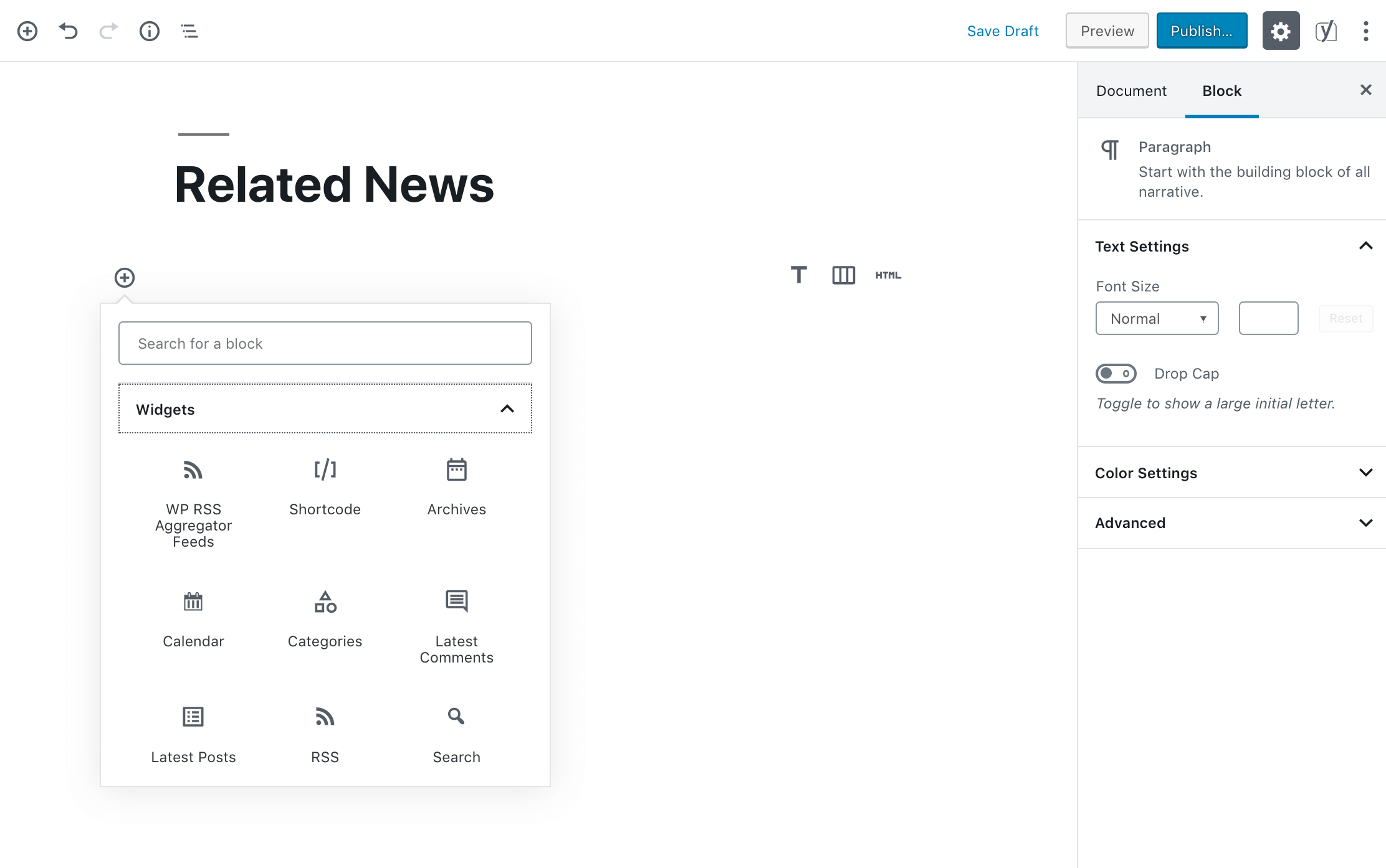Adding the WP RSS Aggregator Feed block in the WordPress editor.