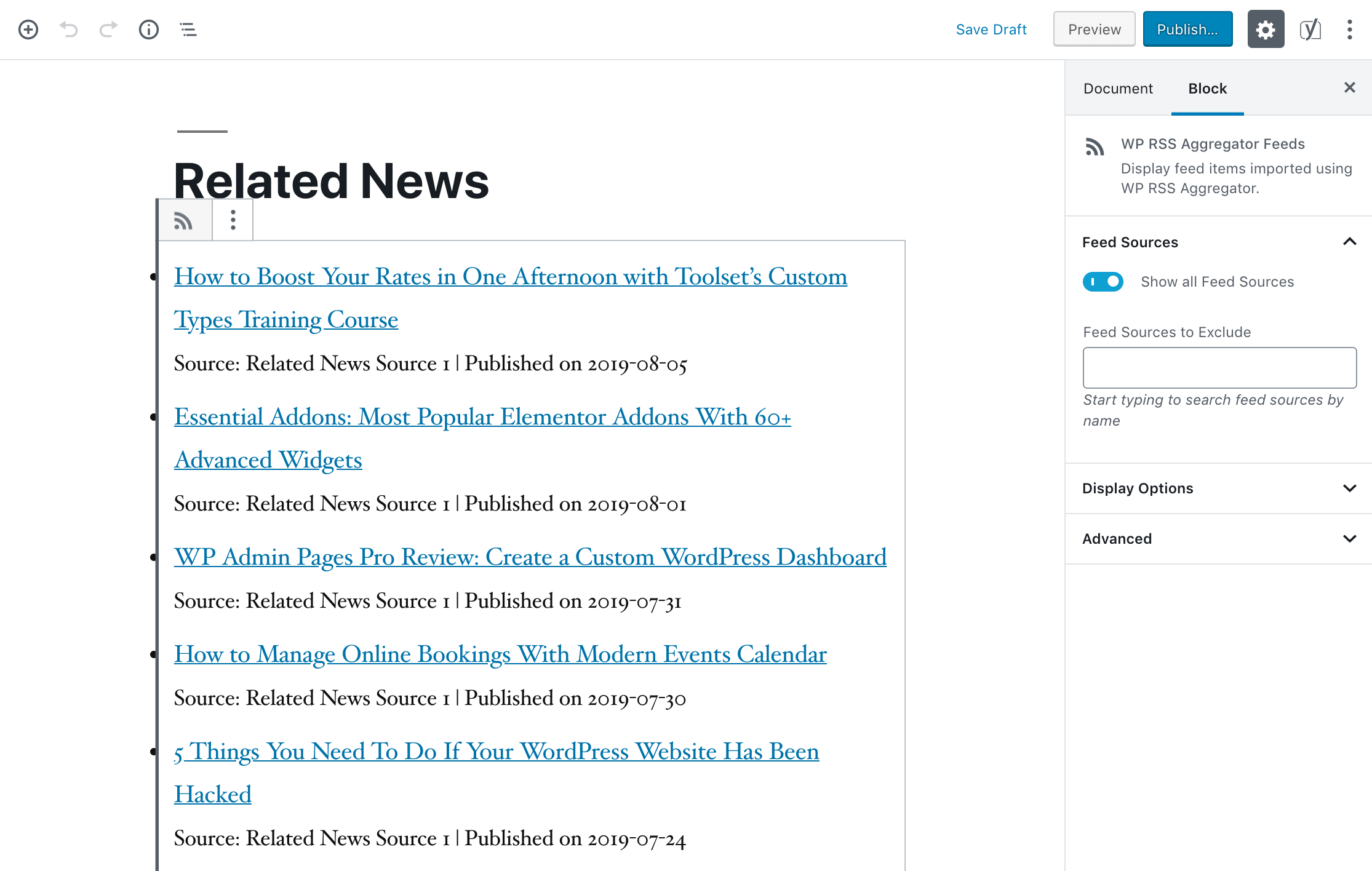 Selecting the feed sources in the Block Editor.