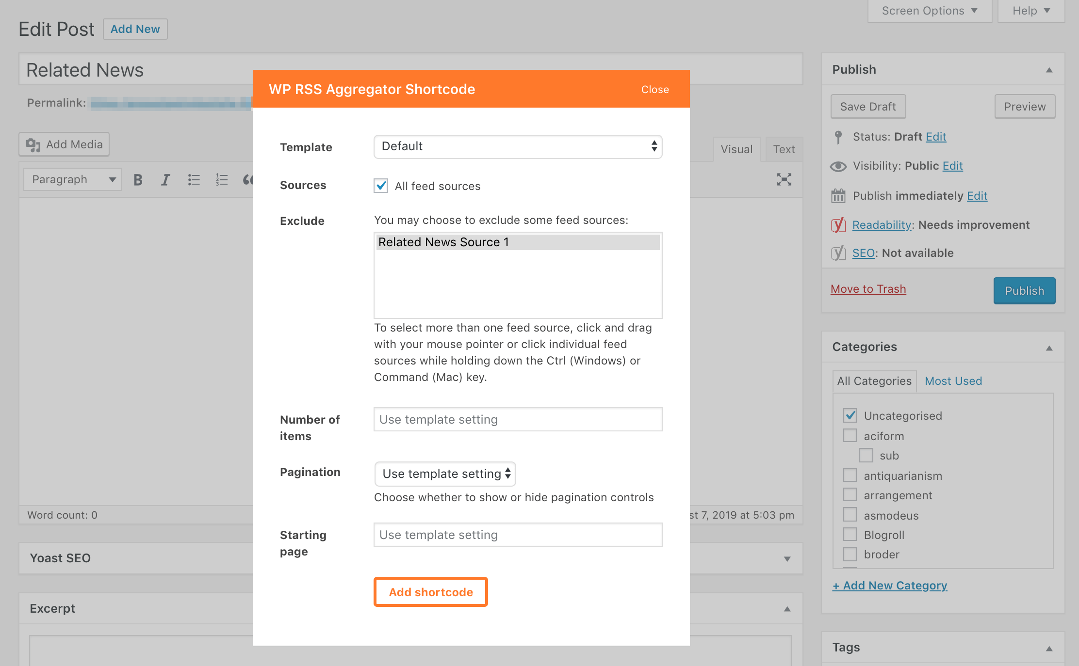 The WP RSS Aggregator shortcode generator in the Classic Editor.