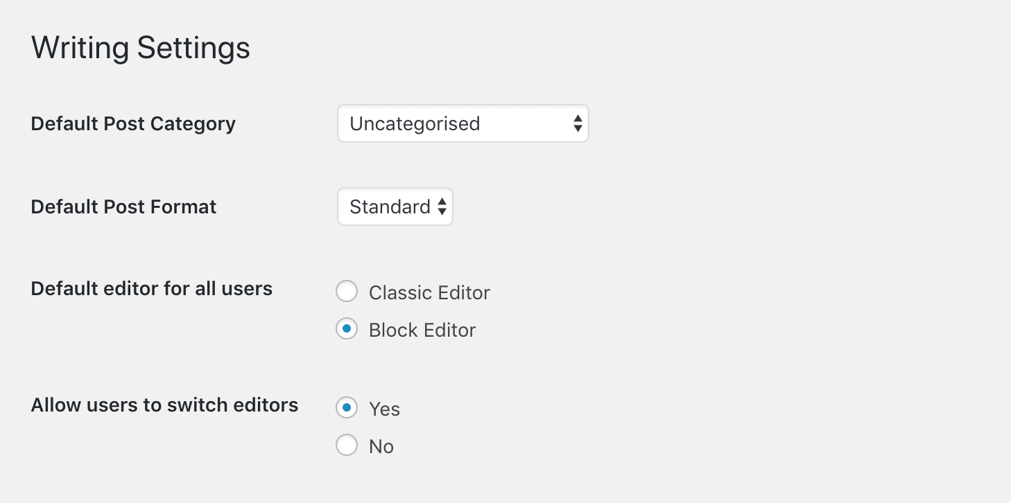 The Classic Editor options.