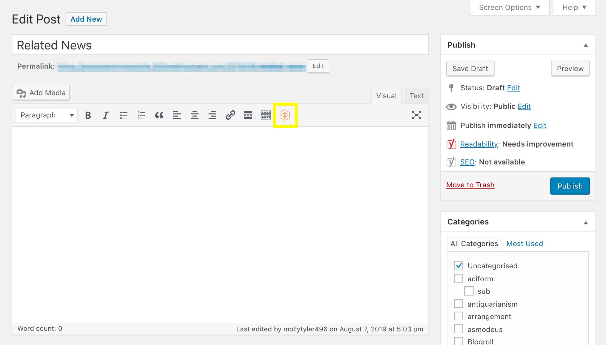 The WP RSS Aggregator icon in the Classic Editor toolbar.