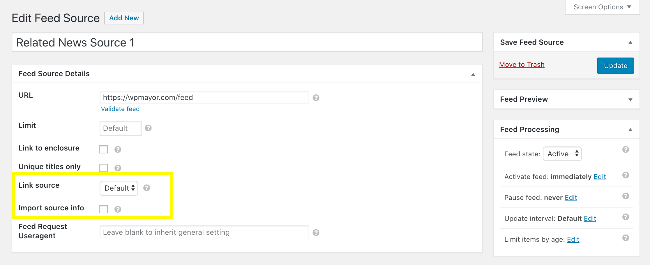 The Link Source and Import source info settings in WP RSS Aggregator.