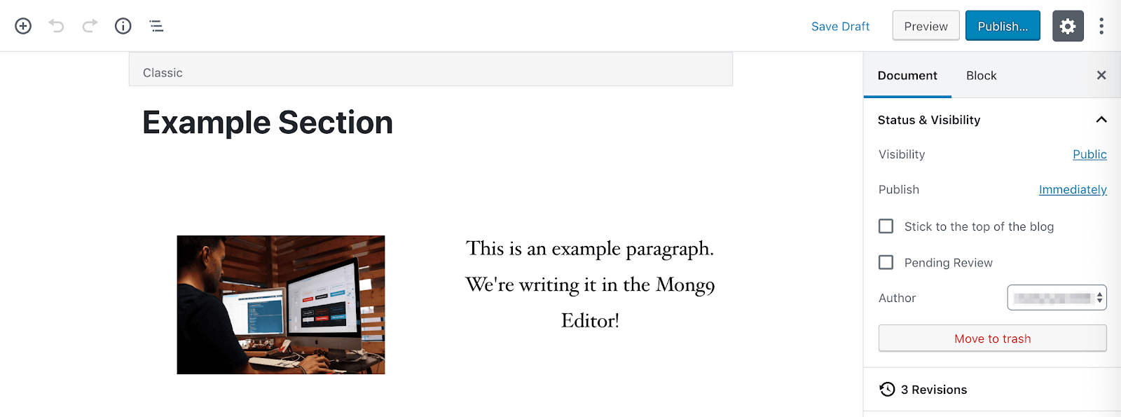 Viewing content in the block editor.
