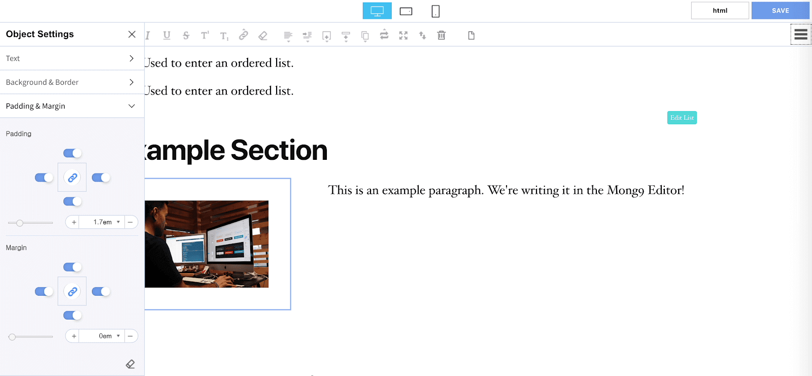 Customizing padding settings.