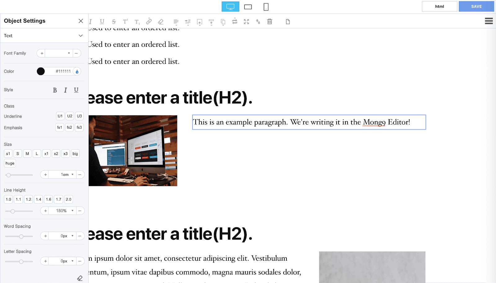 Customizing text options.