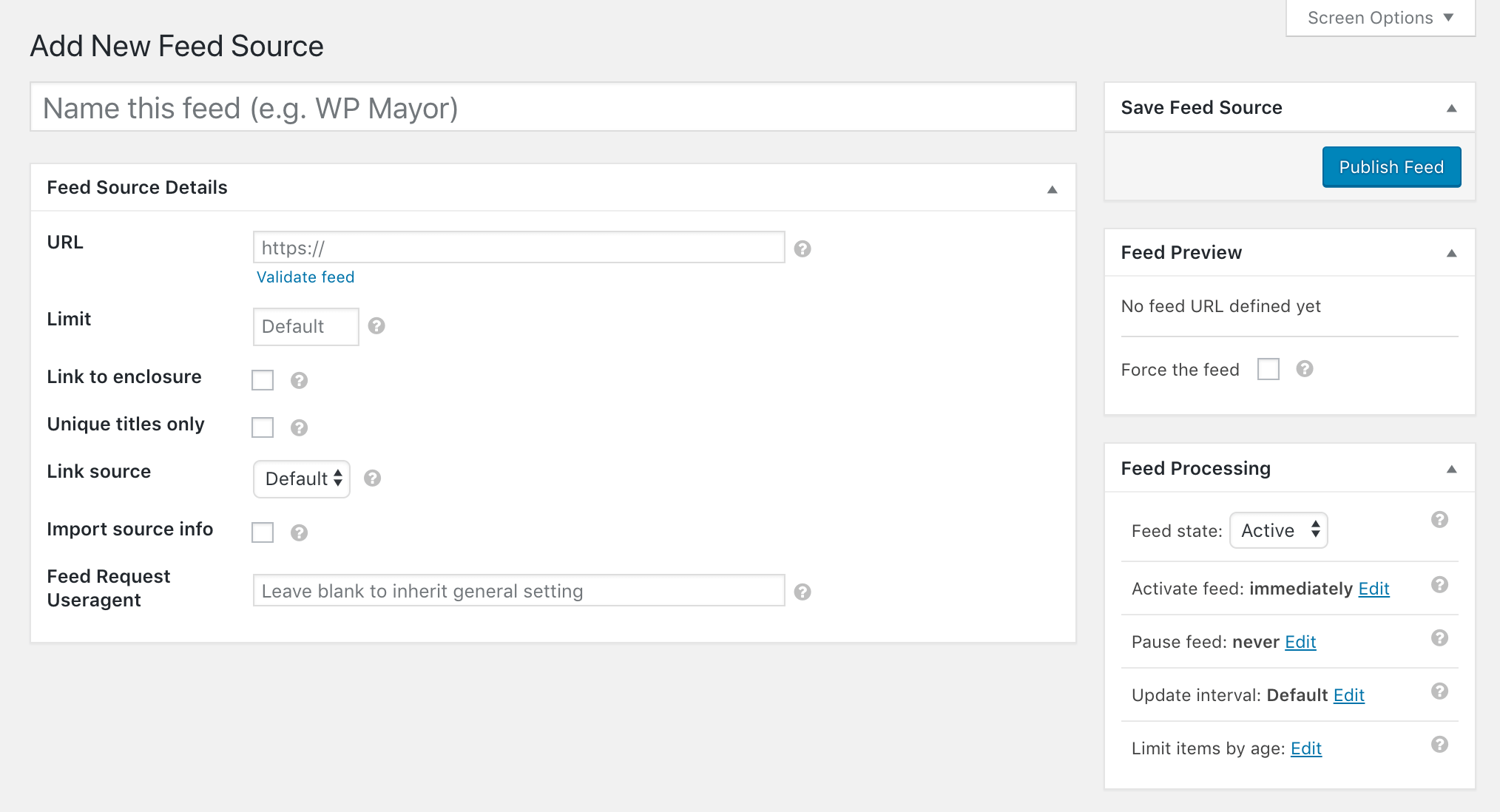 Adding a new feed source in WP RSS Aggregator.
