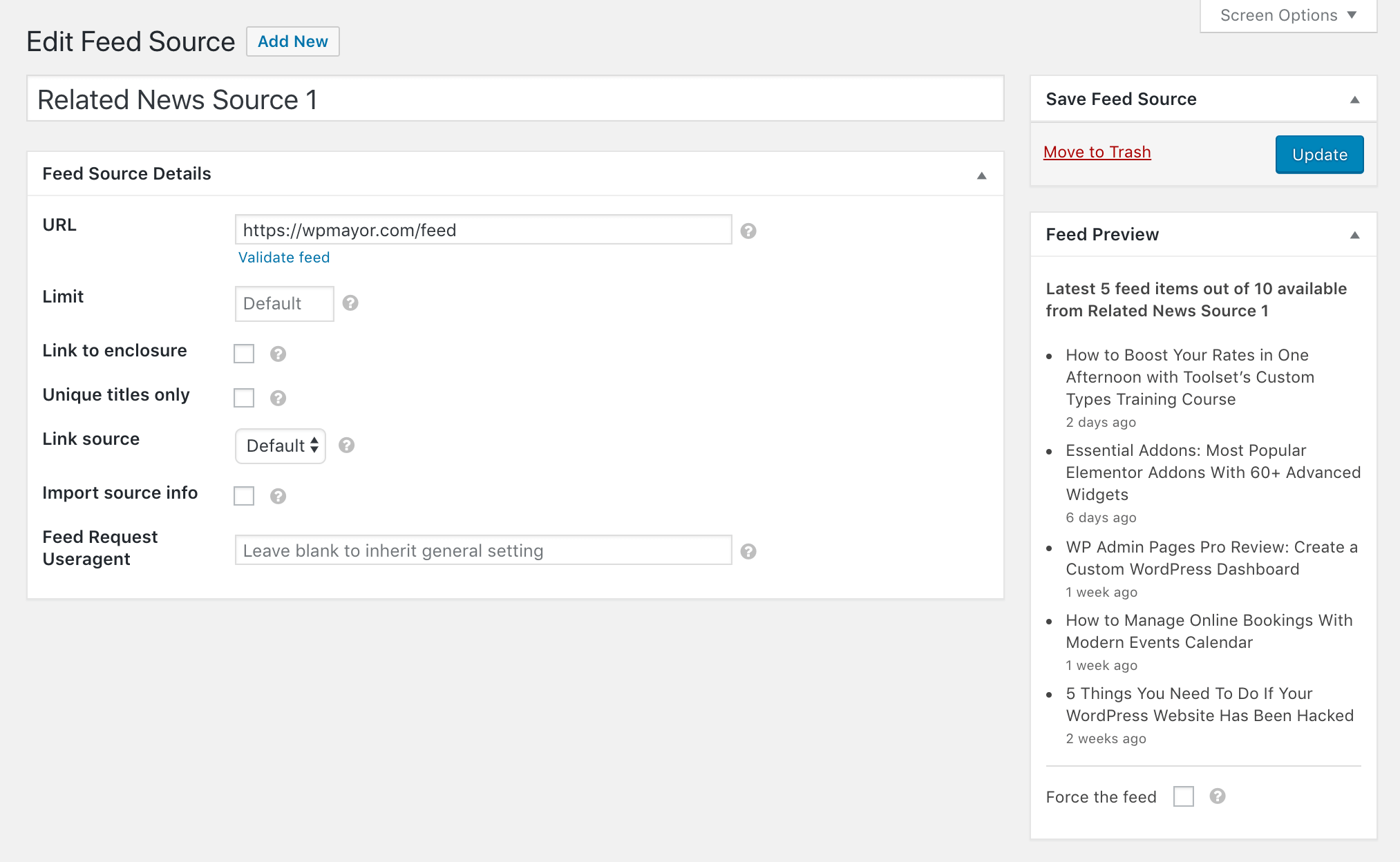 A published WP RSS Aggregator feed source.