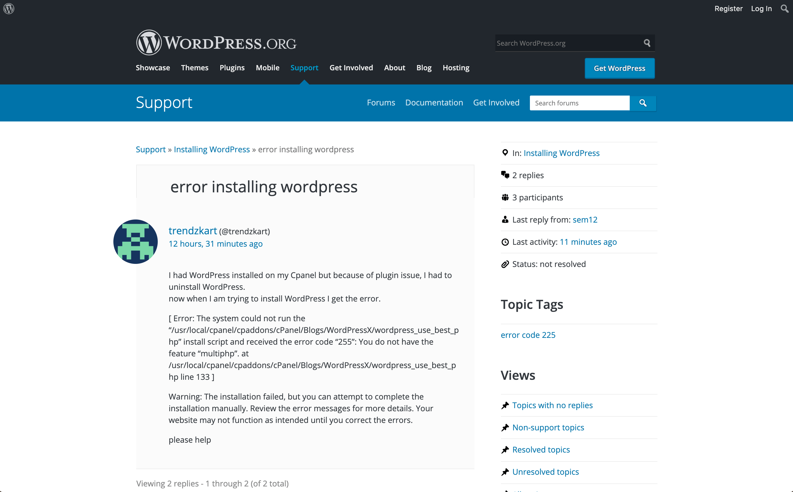 A post in the Installing WordPress support forum.