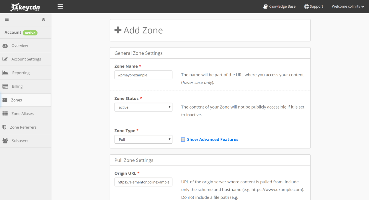 Add zone in KeyCDN