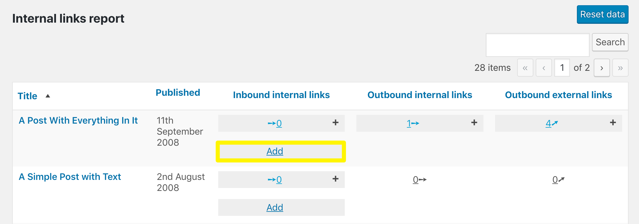 The outbound internal links add button in the Internal Links Report.