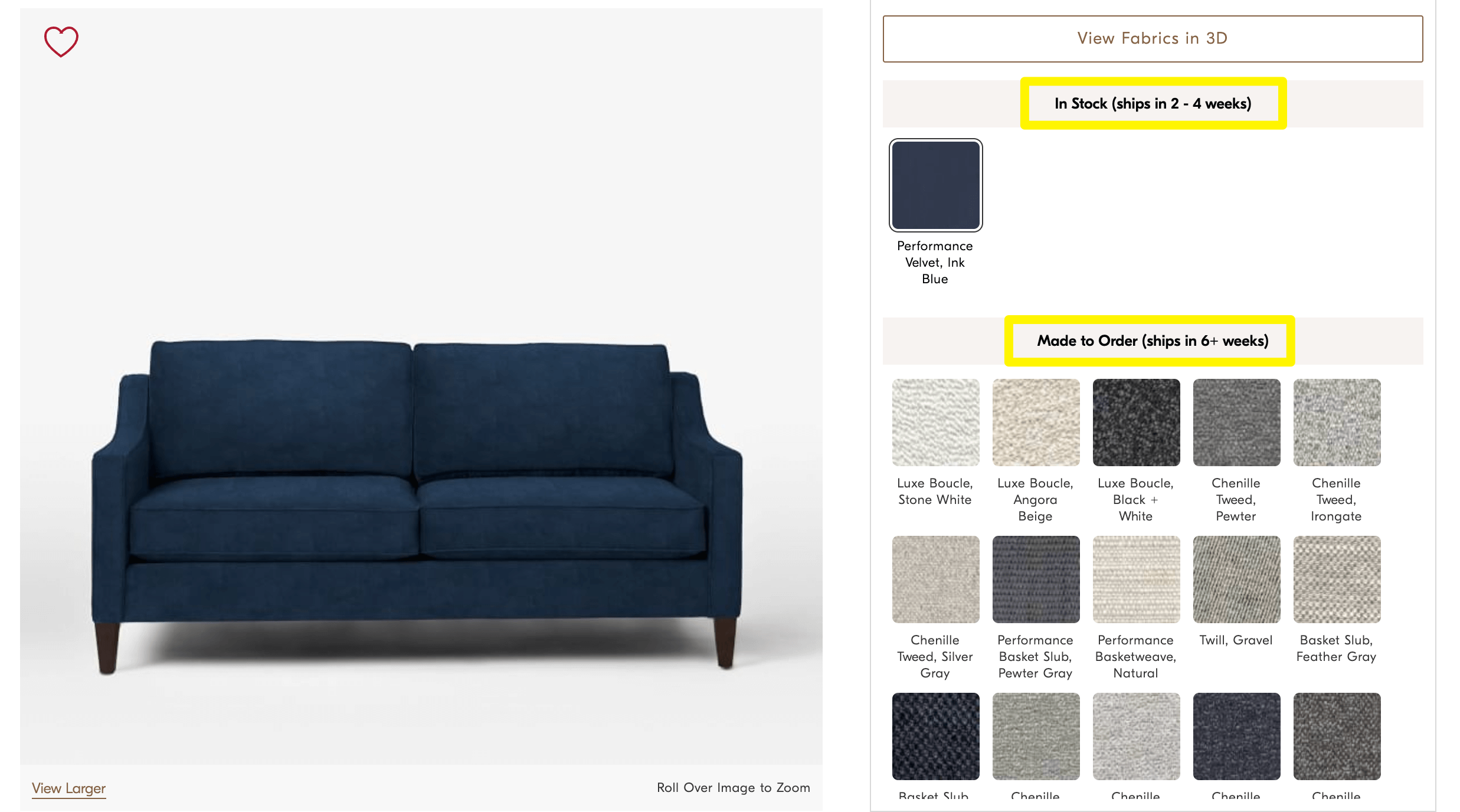 A made to order product with a two to six week lead time.