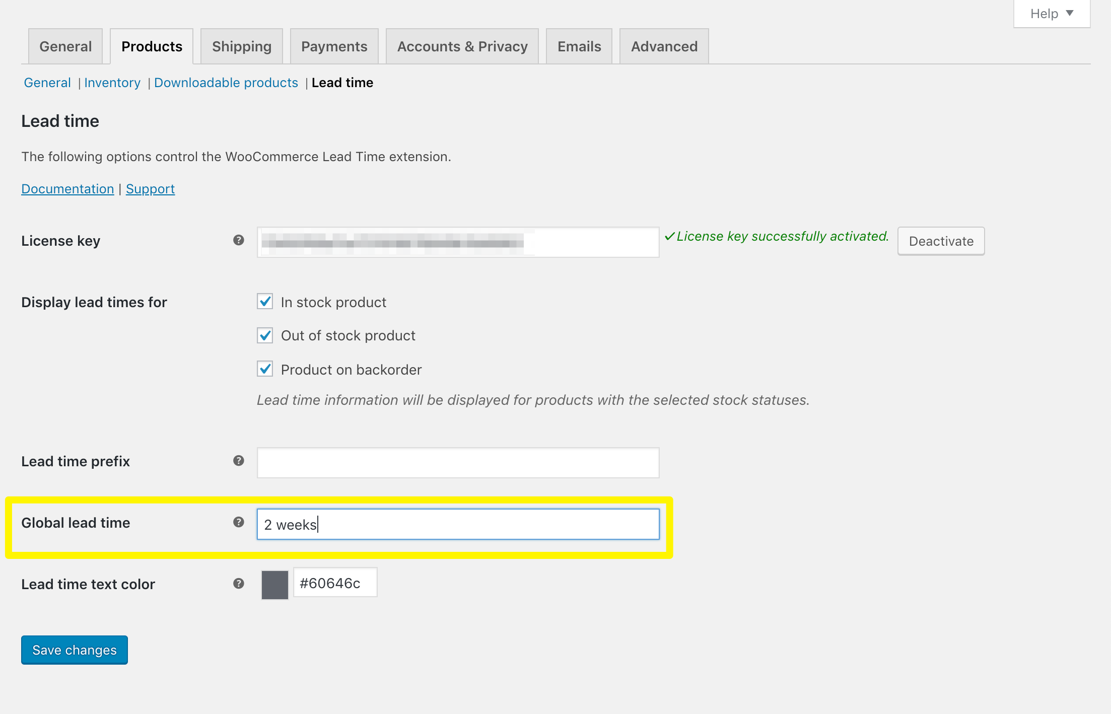 Setting the global lead time in WooCommerce Lead Time.