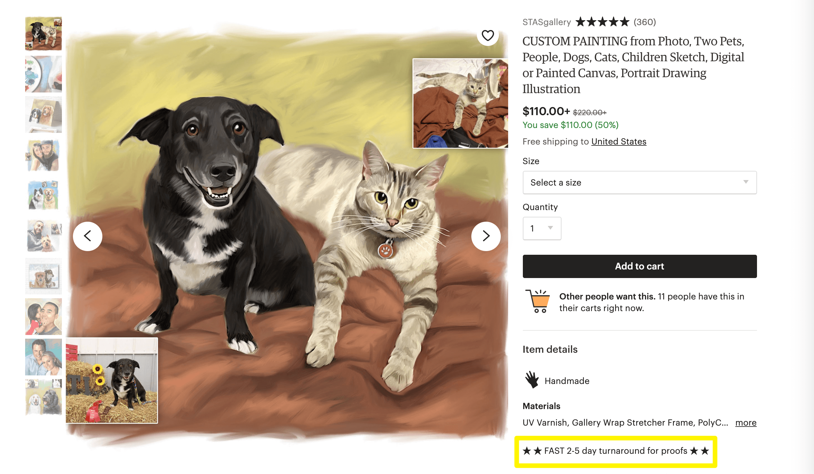 Custom portraits with two to five day lead times.